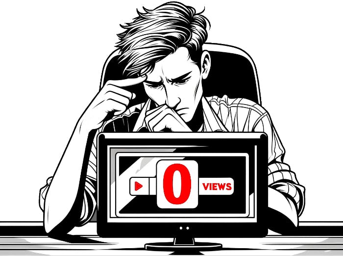 Man looking at a computer screen with 0 views